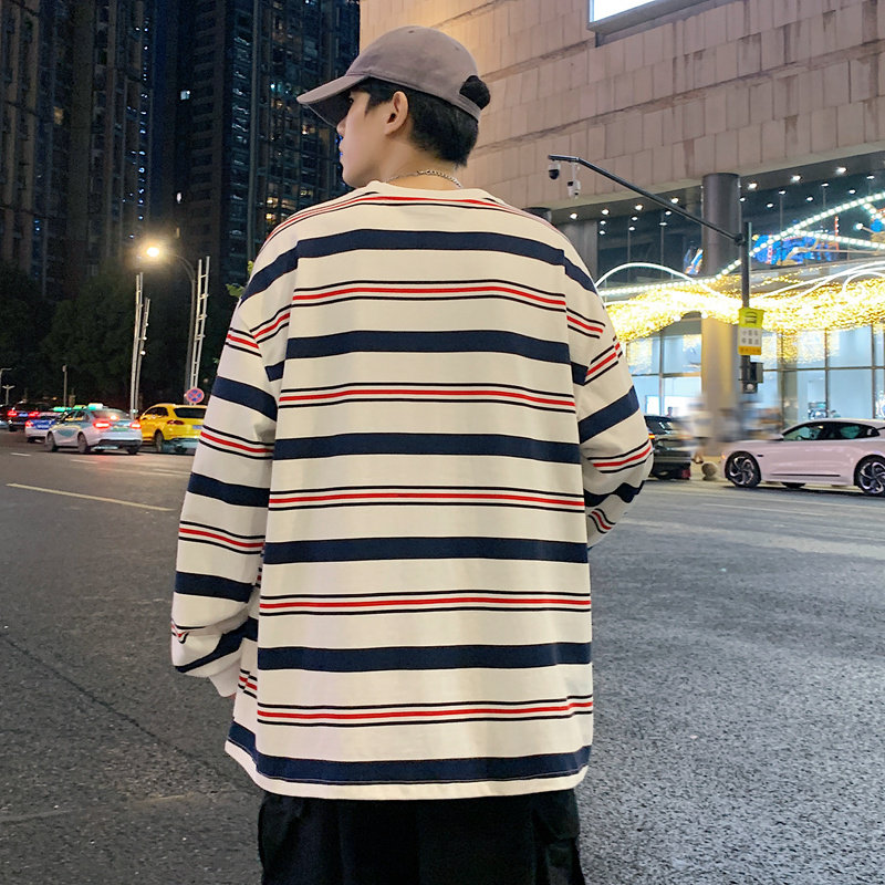 280G重磅长袖卫衣条纹情侣t恤秋cityboy宽松打底衫-2393-米杏P58,男装卫衣,星座307-3(原516-1)