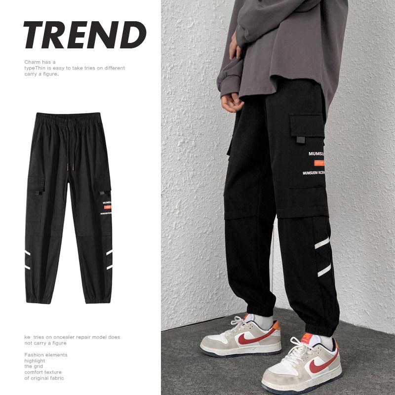工装裤男潮ins束脚港风春秋宽松男士哈伦束脚休闲裤-K255-P35黑色图片