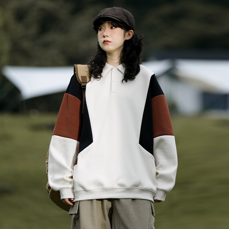 山系男女情侣款上衣设计感翻领2023秋季拼接撞色卫衣-2385-黑P55,男装卫衣,星座307-3(原516-1)