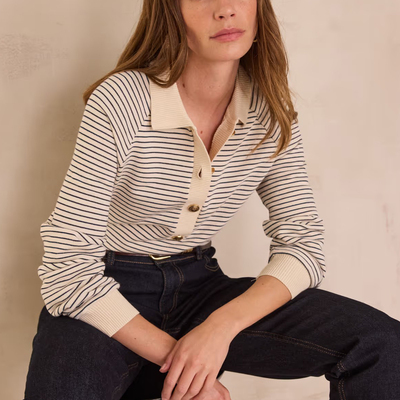 法式条纹POLO领针织开衫女长袖