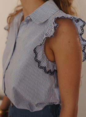 法式条纹衬衫女无袖上衣2025年夏季新款设计感小众别致短袖衬衣