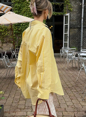 条纹黄色衬衫女法式风宽松翻领长款2025春秋季纯棉垂肩糖果色新款