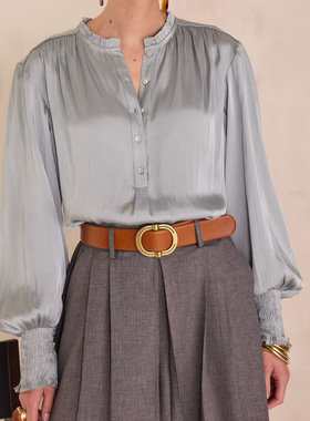 法式通勤风立领长袖衬衫女灰色纽扣小个子百搭上衣20226年春季