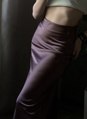 暗紫色醋酸缎面半身裙女高腰显瘦垂坠鱼尾长裙法式2025新款长裙子