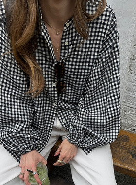 黑白格子衬衫女法式风宽松纯棉灯笼袖气质2025春秋新款显瘦上衣