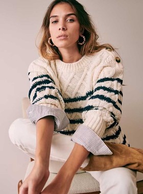 条纹毛衣女秋冬套头慵懒麻花法式复古圆领设计感小众棉质针织上衣