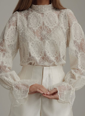 白色蕾丝衫女宽松长袖春秋上衣女时尚优雅温柔打底衫2025新款衬衫