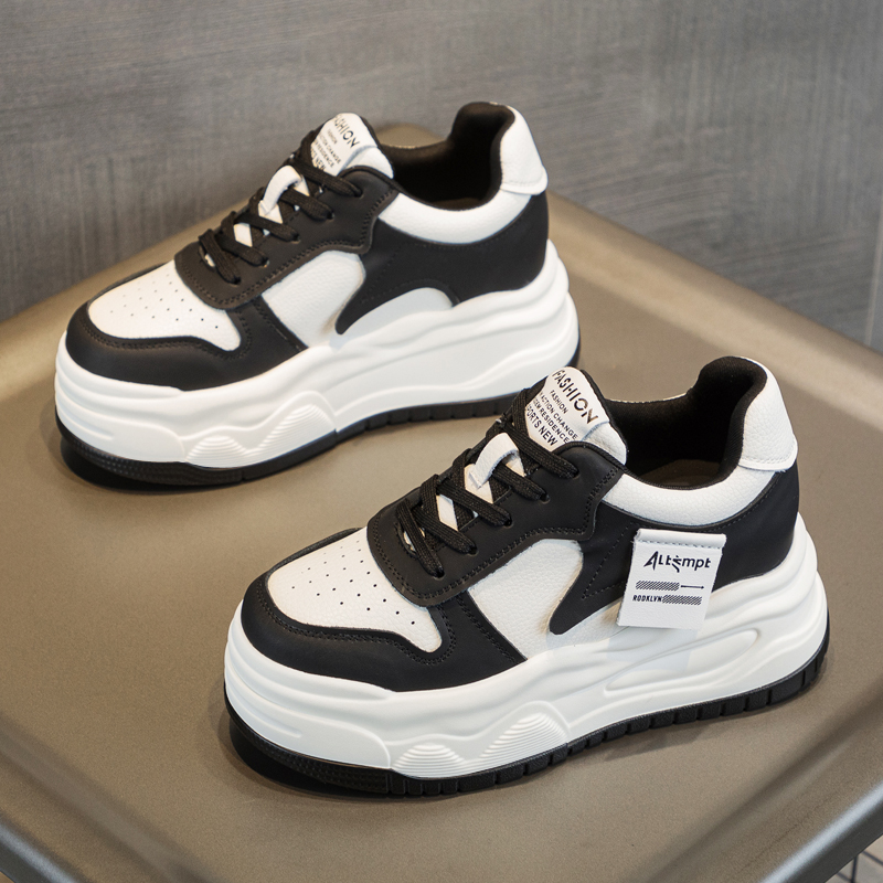 鞋子女2025新款秋冬加绒爆款运动休闲鞋真皮厚底增高黑白熊猫板鞋