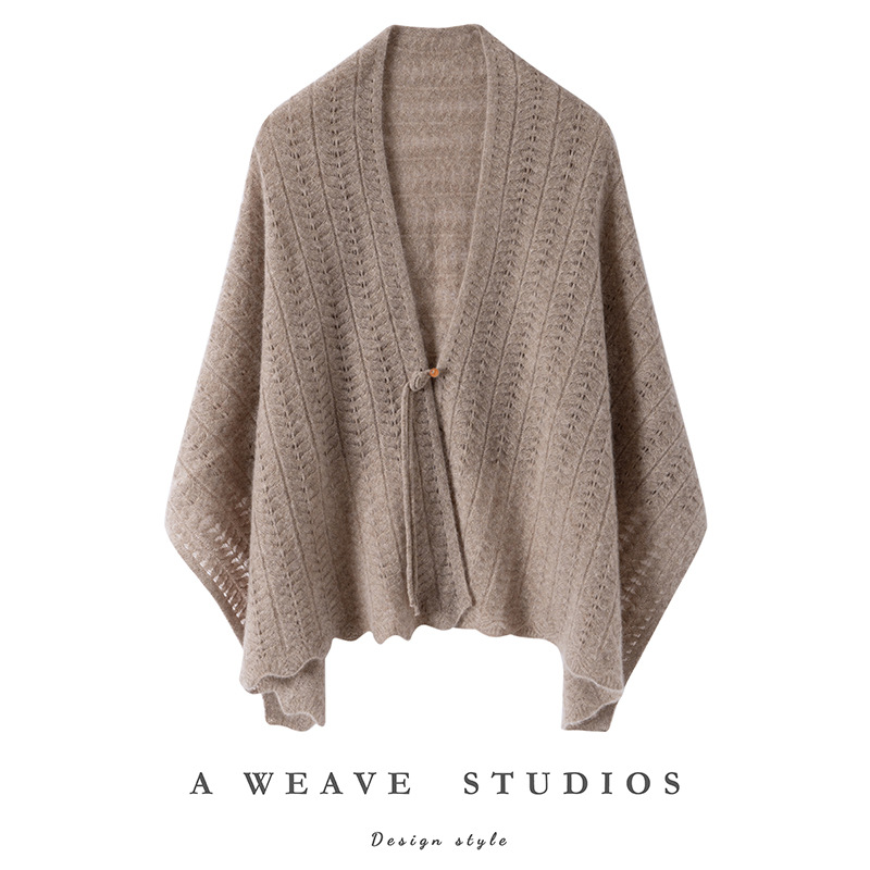 女式山羊绒衫针织披肩盘扣无袖外搭镂空提花纯色围巾复古民族风衫