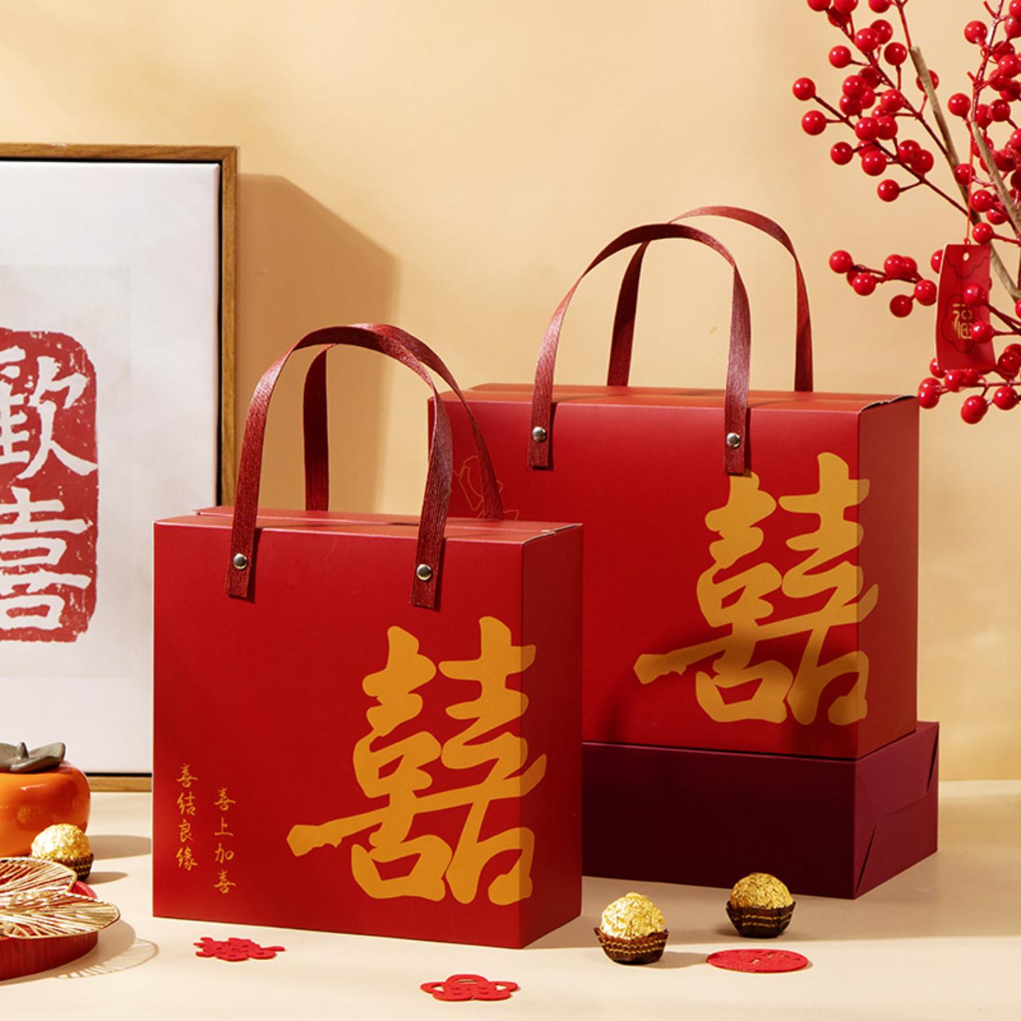 中国风婚礼喜糖盒纸盒结婚手提式糖盒盒包装婚庆伴手礼回礼烫金定