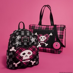 艾薇儿联名款 代购 Lavigne Avril 黑粉格纹骷髅双肩背包 loungefly