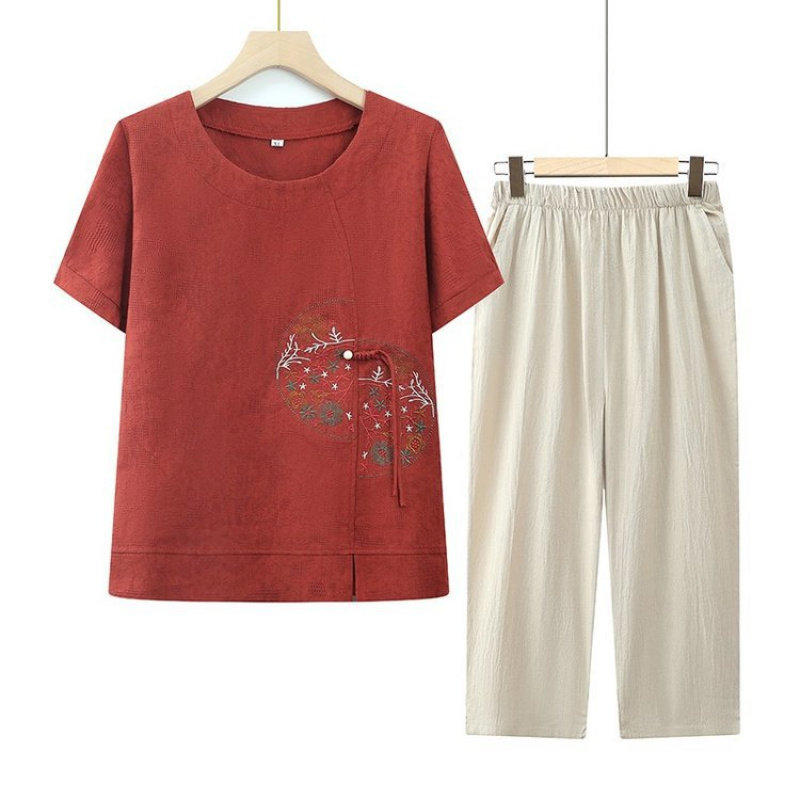 中老年夏装套装棉麻短袖洋气奶奶夏季绣花上衣老人衣服妈妈装夏款