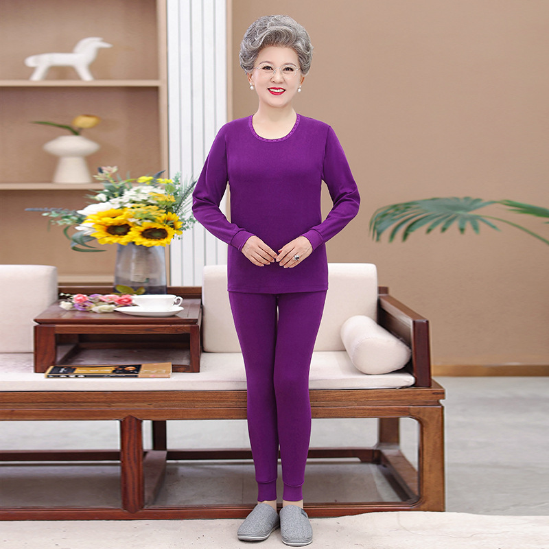 中老年人秋衣秋裤女纯棉奶奶纯色全棉打底内衣套装妈妈中领两件套