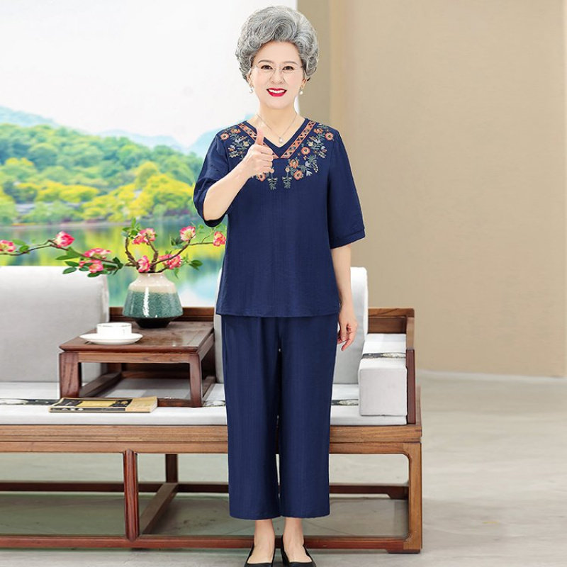 中老年人夏装棉麻套装女奶奶刺绣短袖T恤妈妈装两件套老太太衣服