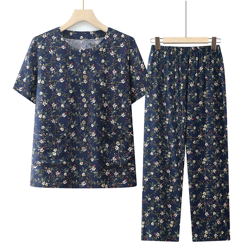 夏季中老年女妈妈棉绸开衫短袖长裤套装奶奶人造棉家居服两件套
