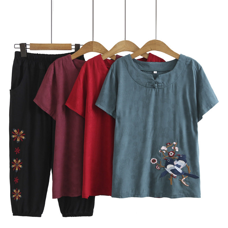 妈妈夏装短袖棉麻套装中老年人女装夏天薄款T恤衣服大码两件套