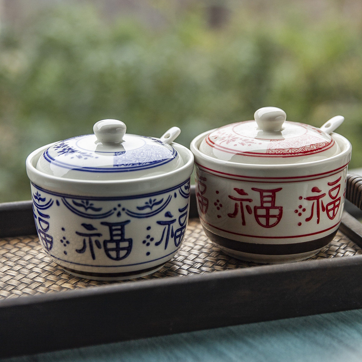 和风四季中式复古调料罐福字盖碗耐高温油罐陶瓷盐罐汤盅辣椒罐