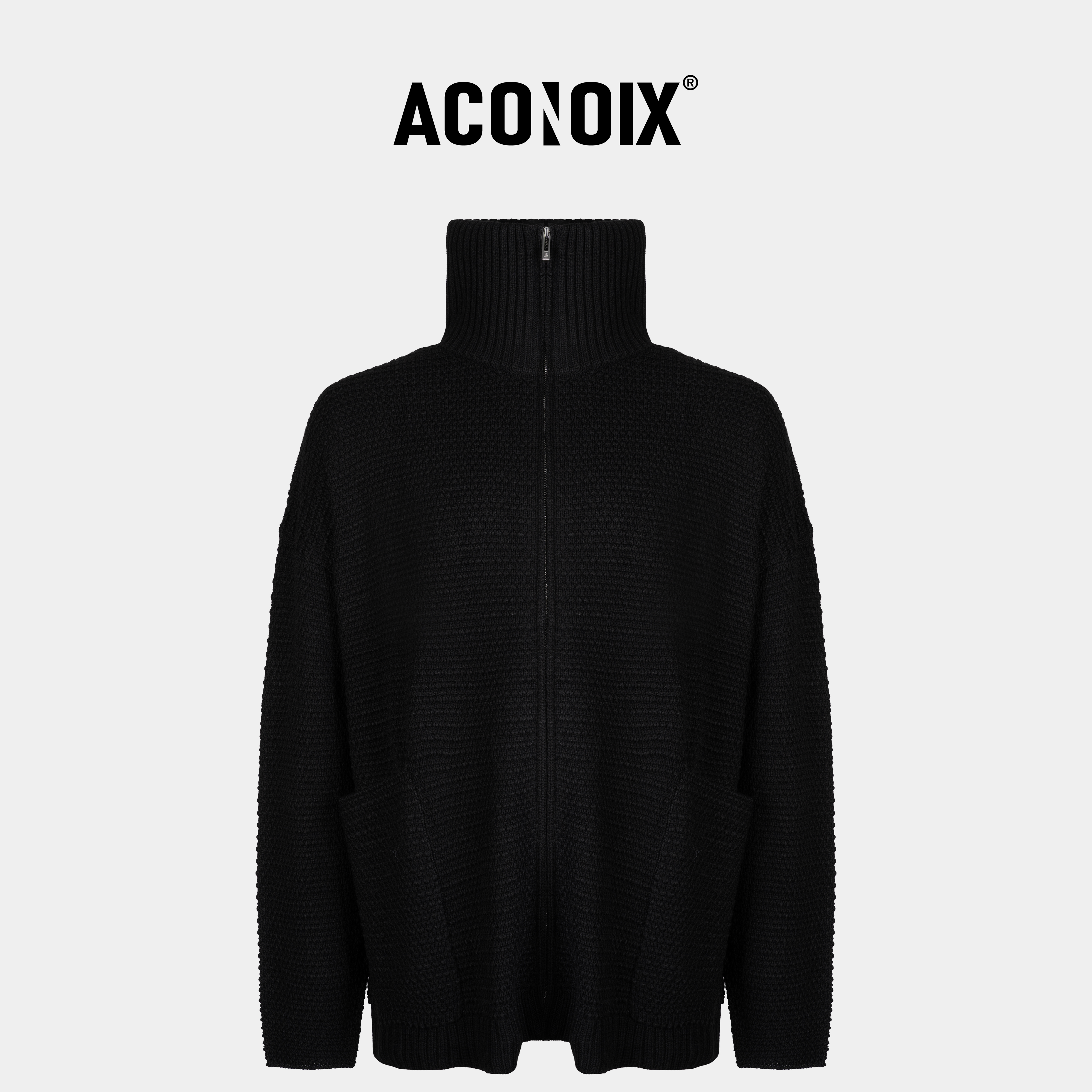 ACONOIX拉链针织立领黑色外套