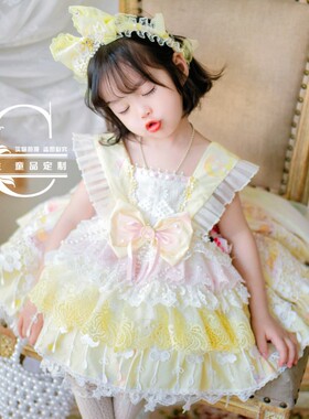 夏款女童原创手作洛丽塔连衣裙淡黄西班牙公主裙重工蕾丝生日礼服
