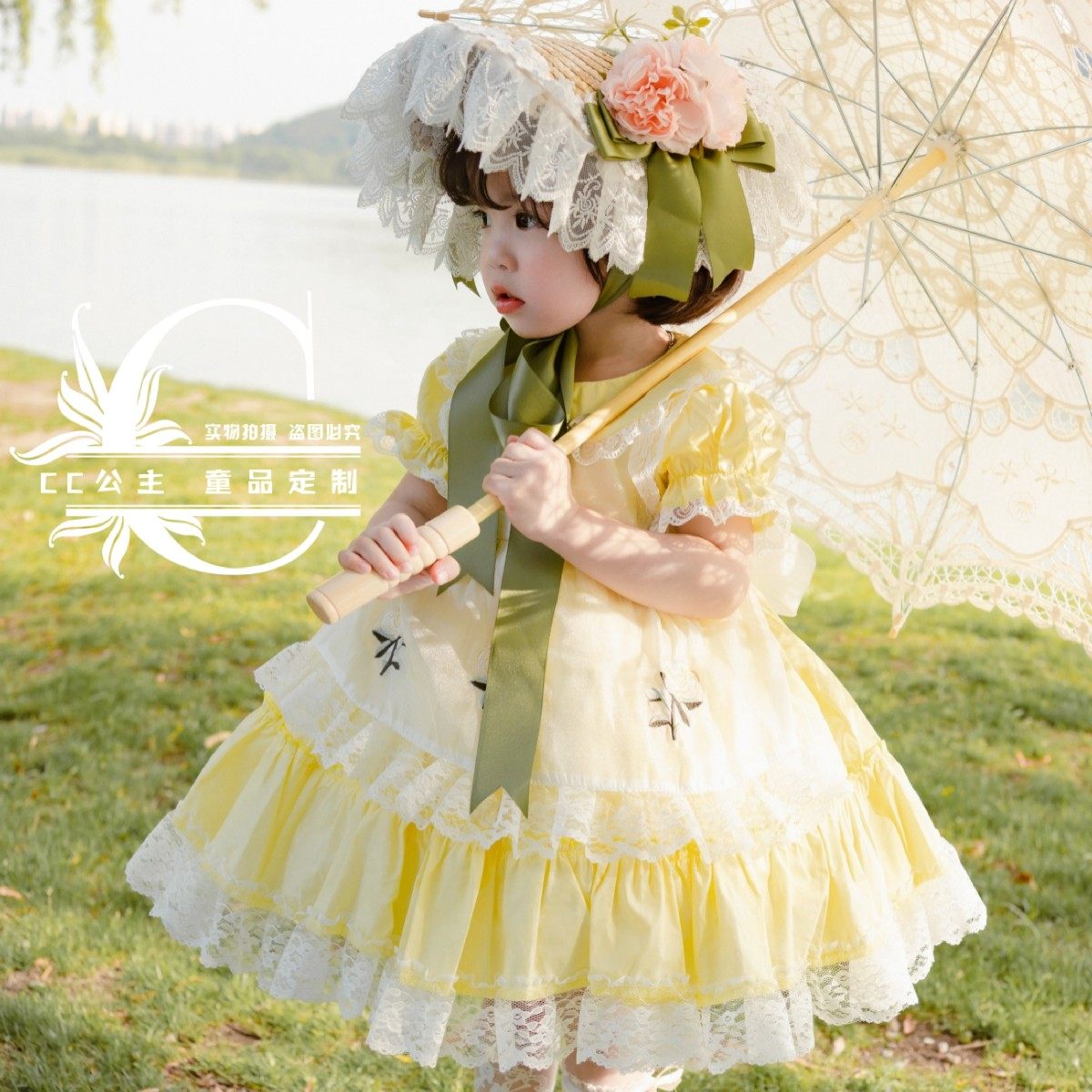 夏款女童淡黄色宫廷洛丽塔连衣裙西班牙公主裙vtg复古可爱娃娃裙