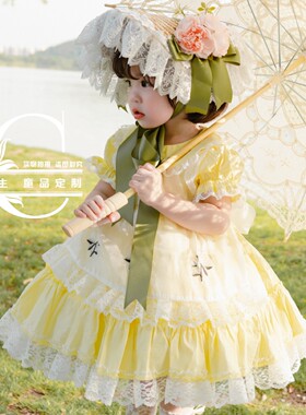 夏款女童淡黄色宫廷洛丽塔连衣裙西班牙公主裙VTG复古可爱娃娃裙