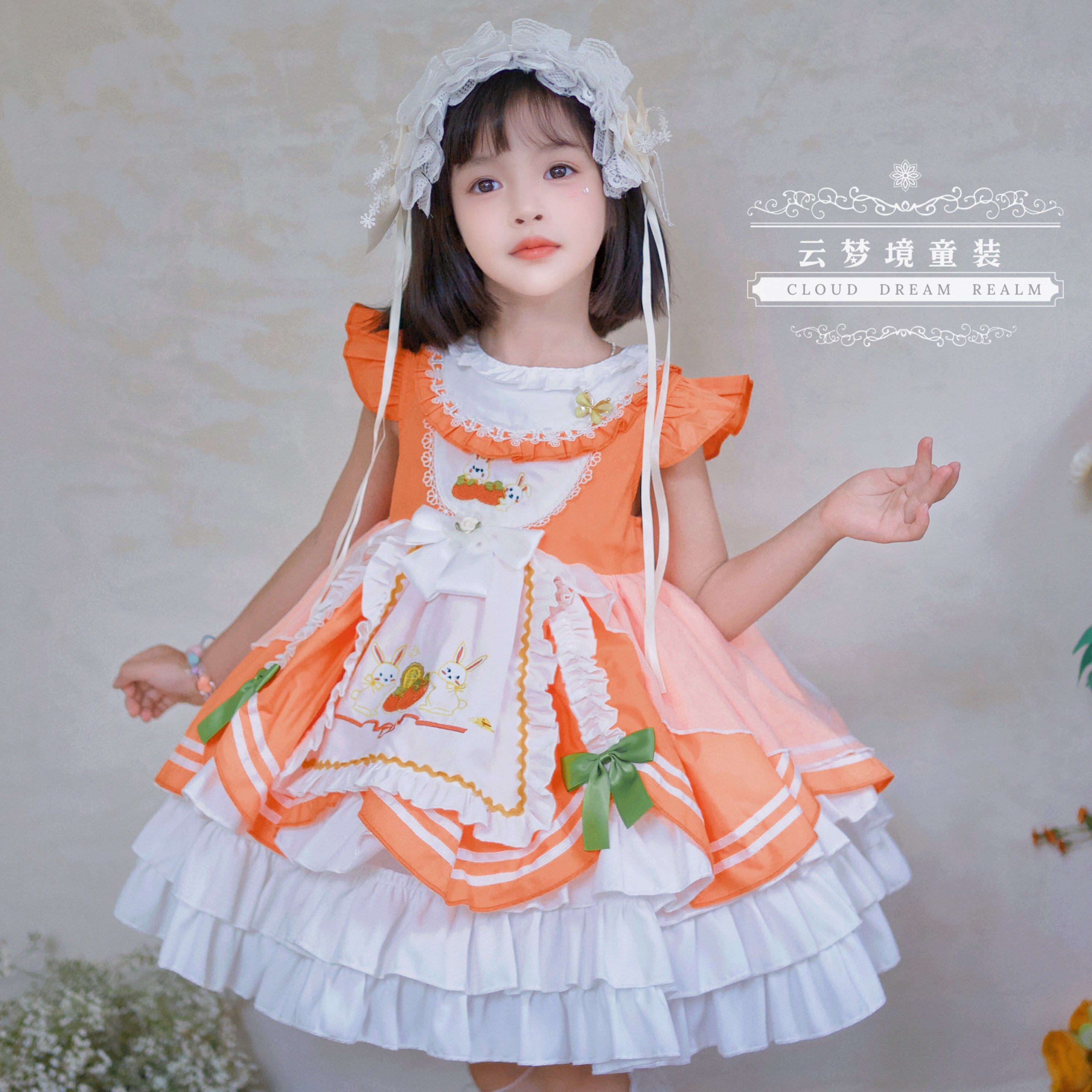 原创女童橙色洛丽塔公主裙可爱兔子蓬蓬lolita蓬蓬连衣裙生日礼服