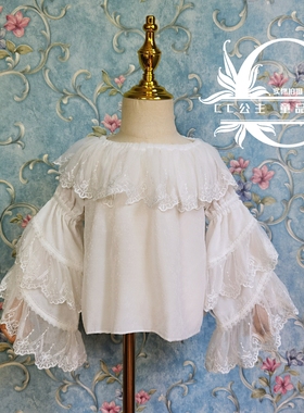 春款长袖蕾丝原创洛丽塔打底上衣喇叭袖女童可爱衬衫百搭白色内搭