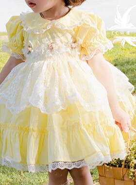 夏款女童淡黄色VTG古着短袖洛丽塔连衣裙西班牙公主裙生日礼服裙
