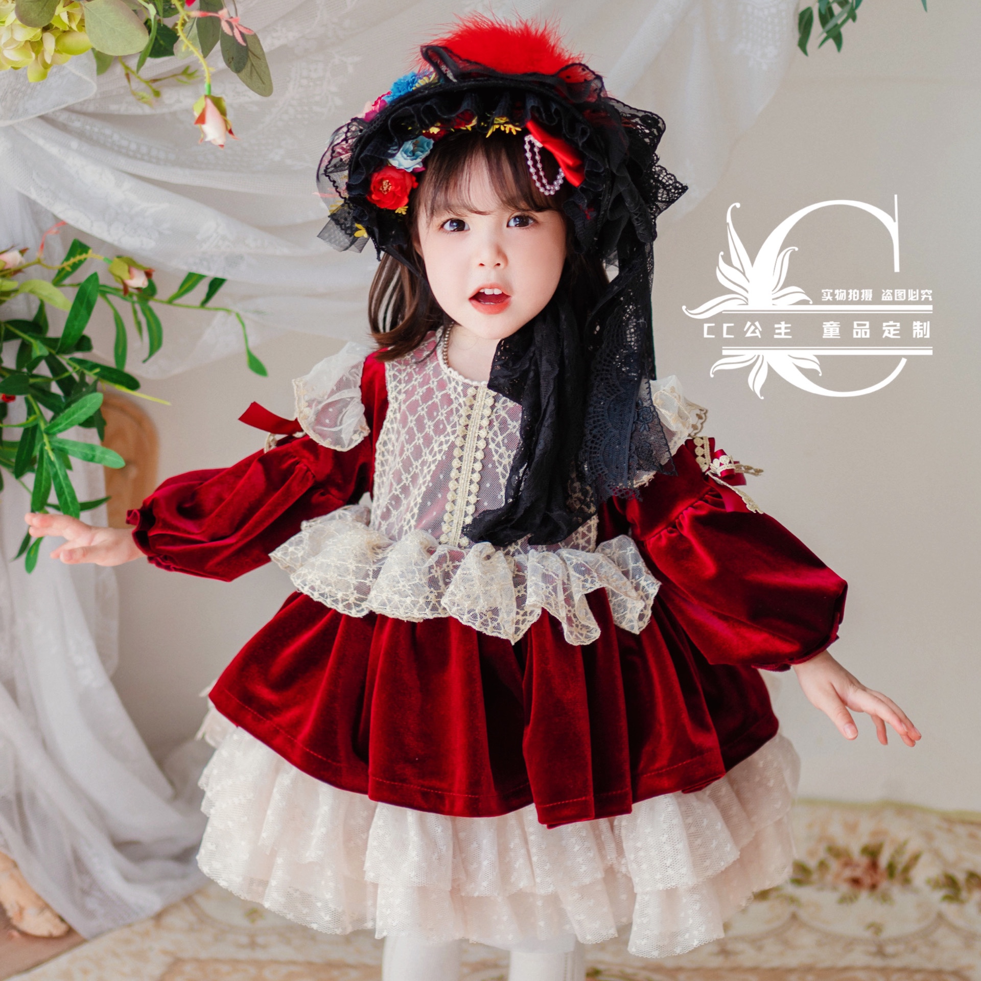 女童酒红丝绒宫廷洛丽塔连衣裙周岁生日礼服春节过年服新年公主裙