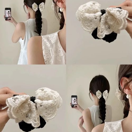 温柔浪漫的奶油蕾丝蝴蝶结发圈简约百搭麻花辫发绳展现高级感女生