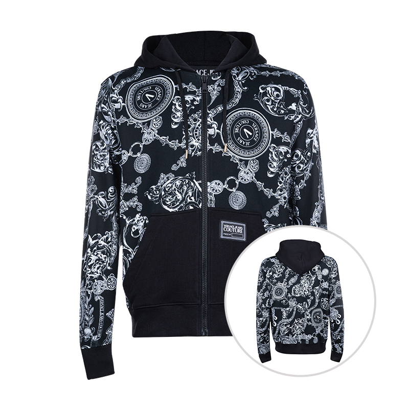 Versace/范思哲巴洛克印花拉链薄绒全棉连帽衫男士秋冬新款XY