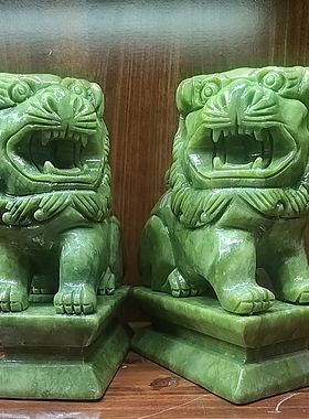 天然狮子摆件一对青绿色吉祥镇宅助运平安看门居家用工艺摆件