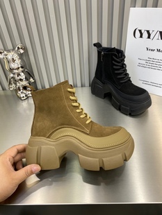欧洲站休闲增高女鞋 磨砂皮7cm坡跟短靴拉链马丁靴女 2024秋冬新款