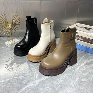 欧洲站2023年秋冬季新款女鞋真皮厚底高跟小个子舒适休闲女马丁靴