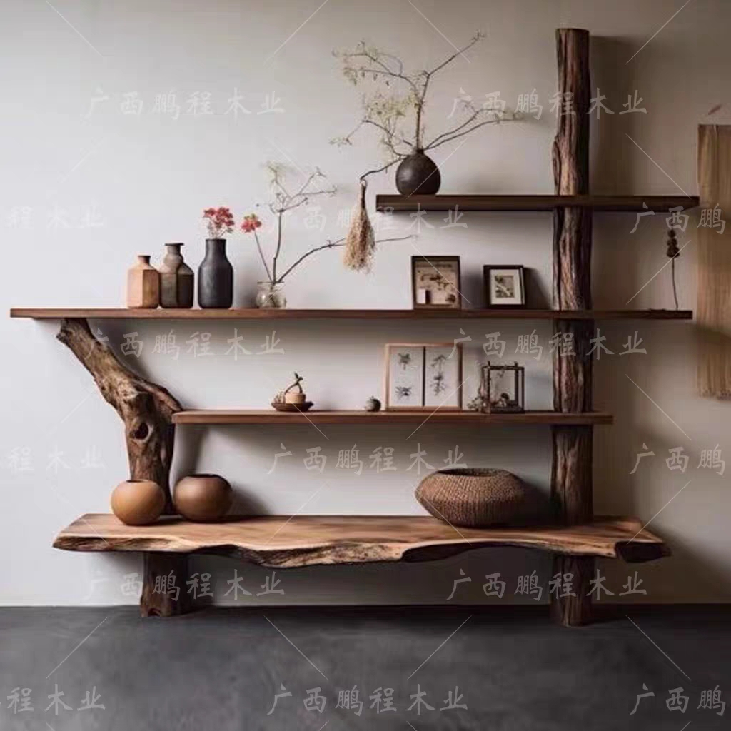 侘寂风博古架实木中式茶叶茶杯置物架展示架隔断柜多宝格民宿家具