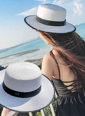 平顶白色草帽帽子女夏天凉帽