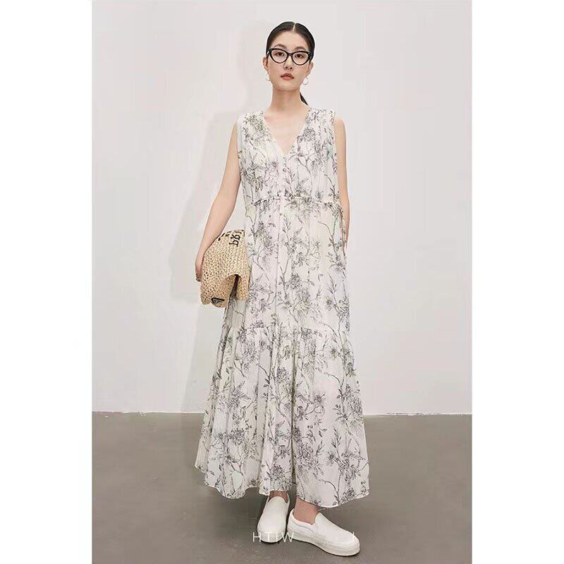 2025夏季女装连衣裙中长款V领天丝花鸟印花温柔伞裙女款孕妇