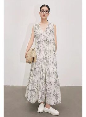 2025夏季女装连衣裙中长款V领天丝花鸟印花温柔伞裙女款孕妇