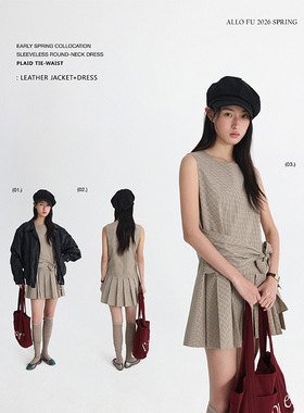 Allo Fu复古学院风绑带格子背心裙2026早春百褶设计感连衣裙5827