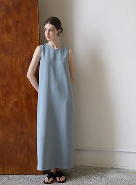 极简垂坠时尚气质薄荷日光蓝醋酸无袖长款连衣裙女2025