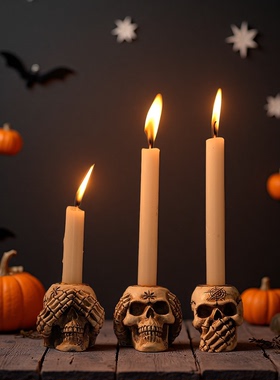 桌面装饰摆件万圣节烛台鬼节骷髅头复古小众吧台店铺氛围拍照道具