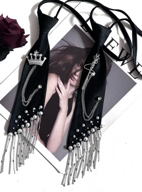 2025新款设计重工流苏领带女韩版珍珠懒人免打结配衬衫黑色领带潮