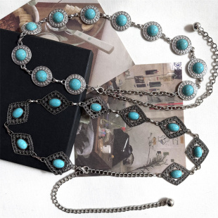 复古民族风绿松石镶嵌银色腰链女百搭配连衣裙子2025新款 金属腰带