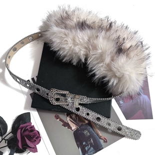 水钻毛毛银色腰带女亮闪闪毛绒腰封新款Y2k百搭针扣鸡眼辣妹皮带