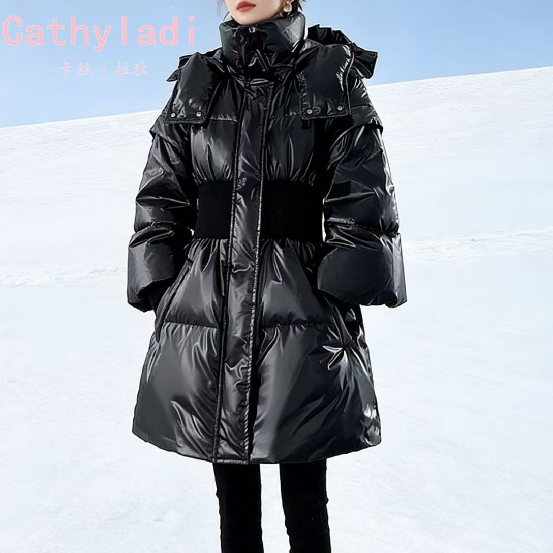 CATHYLADI黑色连帽亮面羽绒服2025年冬季新款加厚显瘦中长款外套