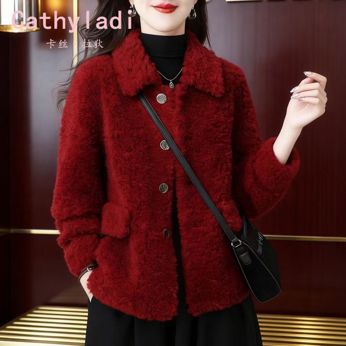 CATHYLADI时尚保暖红色翻领外套2026年冬季轻奢宽松休闲短款上衣