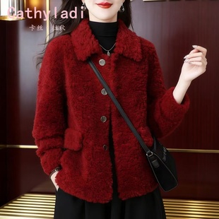 CATHYLADI时尚保暖红色翻领外套2026年冬季轻奢宽松休闲短款上衣