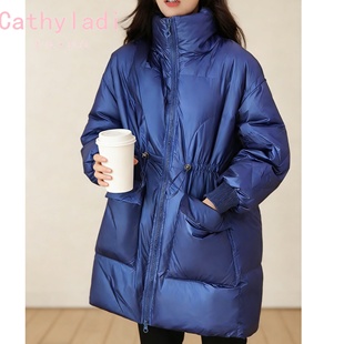CATHYLADI宝石蓝亮面加厚羽绒服女2026冬季中长款宽松显瘦外套潮