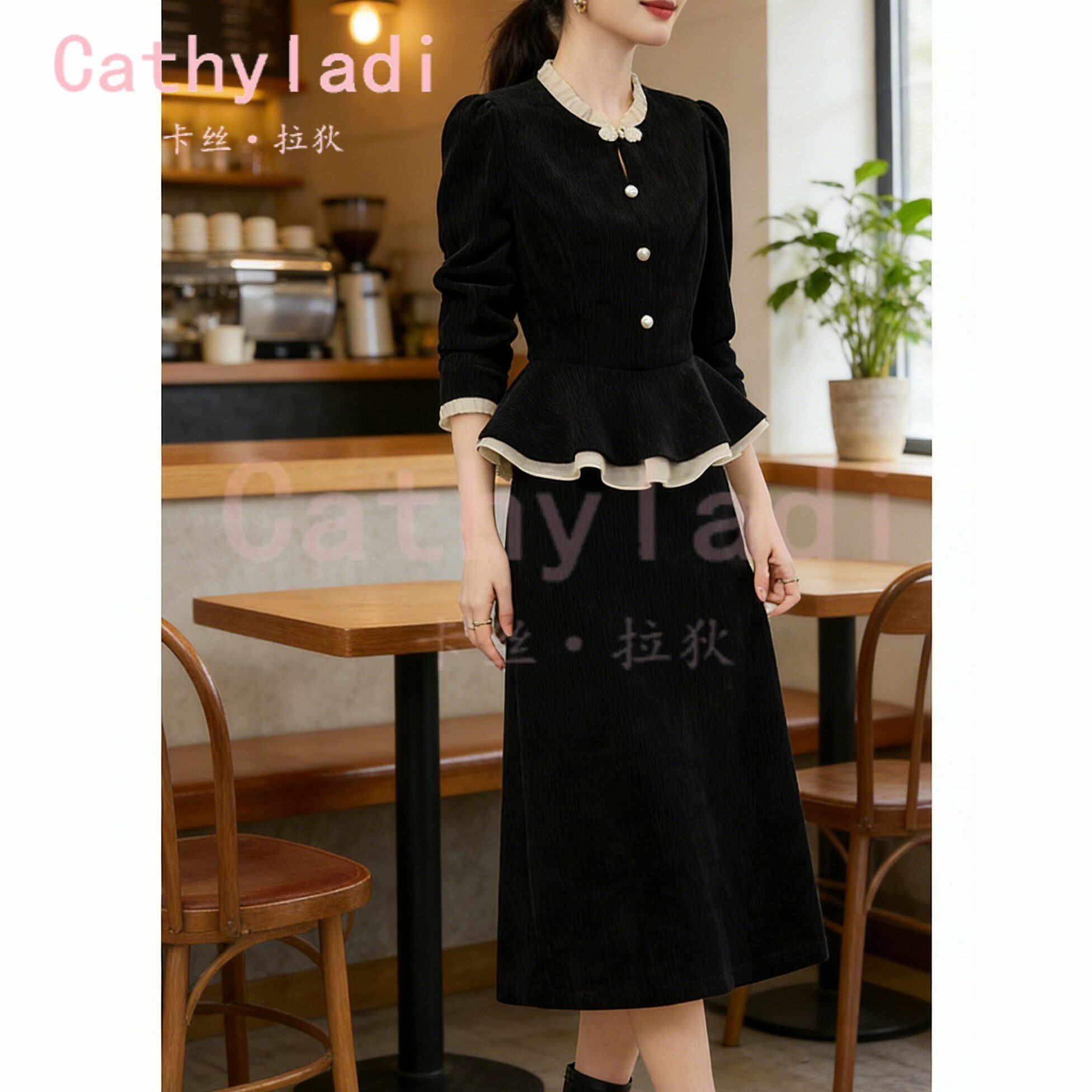 CATHYLADI气质黑色时尚名媛套装2026年冬季轻奢外套半身裙两件套