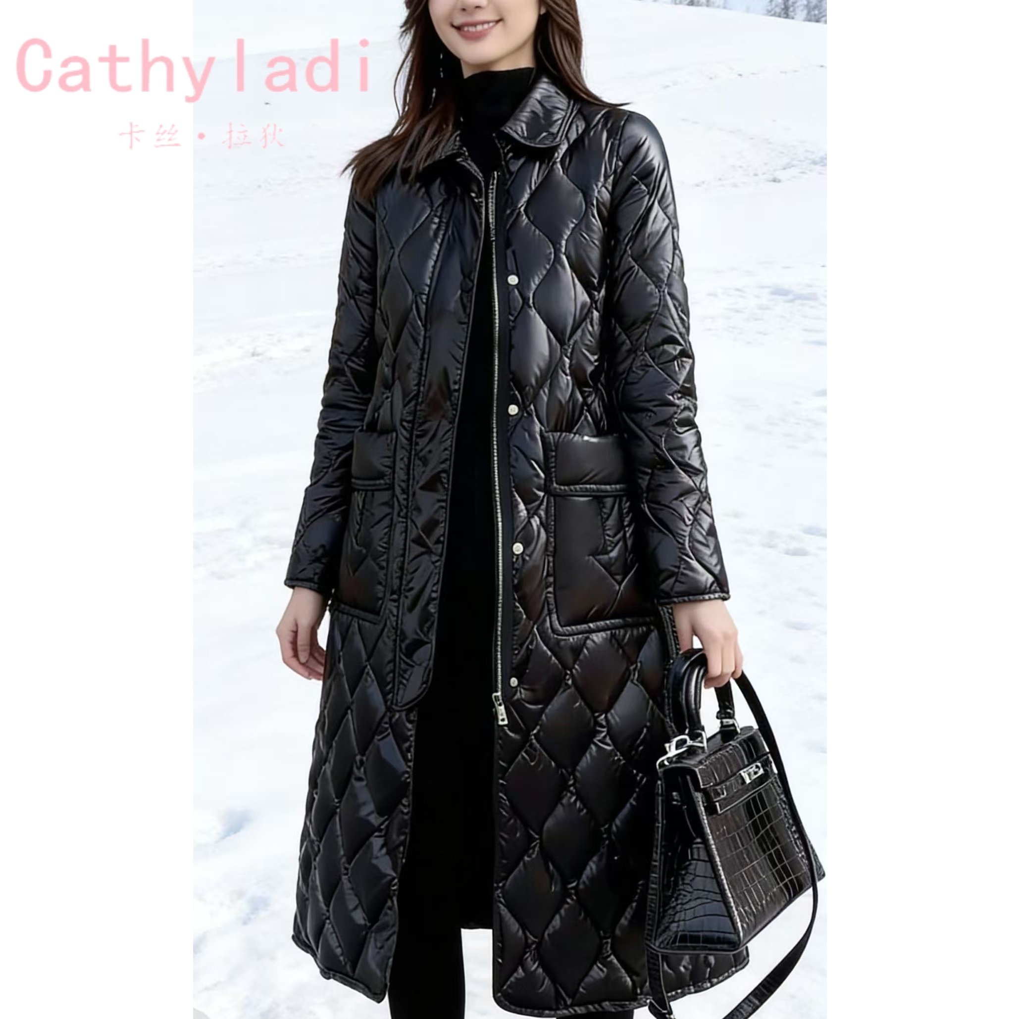 CATHYLADI新款修身长款羽绒服2026年冬季加厚保暖黑色亮面外套女